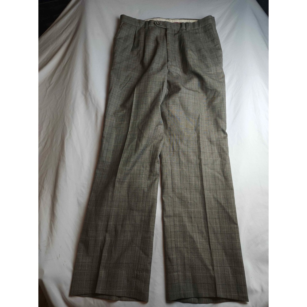 Louis Raphael Mens Grey Glen Plaid 100% Wool Pleated Dress Pants Size 34x30